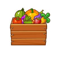 Wooden box with vegetables and berries for game ui. vector