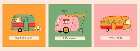 caravana colorida rv. remolque de carretera a casa. vehículo recreacional. coche caravana de camping. concepto de viaje de vacaciones. casa móvil para vacaciones en el campo y la naturaleza. conjunto de tres ilustraciones vectoriales dibujadas a mano