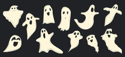 fantasma de halloween de dibujos animados, espíritu espeluznante fantasma y fantasmas misteriosos. espeluznantes fantasmas fantasmas voladores conjunto de ilustraciones de símbolos vectoriales.