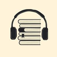 Audio books with headphones concept vector illustration, flat cartoon headset with books stack, idea of podcast or electronic learning