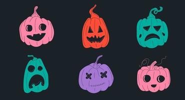 conjunto de calabazas de halloween, caras divertidas. conjunto de vectores en estilo de dibujos animados. todos los elementos están aislados