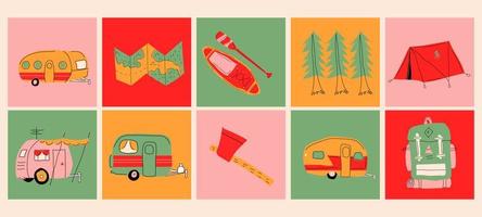 Various Icons. Logo templates. Tourism, journey, adventure, Recreation, rural life, Vacation concept. Colorful Vector set. Hand drawn illustrations. All elements are isolated