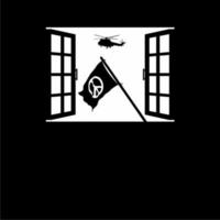 Silhouette of the Helicopter Attack, Military Vehicles, and Peace Flag on the Window. The symbolism of the Peace, Stop War, No War or War is Over. Vector Illustration