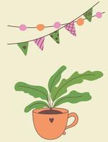 Cozy mood vector stock illustration. Potted houseplant. Nice postcard.
