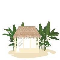 Ilustración de stock vectorial de bungalows. una casa con techo de paja. palmeras y una choza en una isla tropical. viajes, vacaciones, vacaciones. Aislado en un fondo blanco. vector