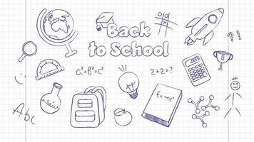 Vector Pen Drawn Set of School Equipment on the Note Pad Page. Back to School Banner Perfect for Web Sites, Social Media, Printed Materials, etc.