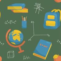 Vector Seamless Pattern With School Equipment - Books, Globe, Backpack, Apple and Hand Drawn Chalk Paintings. Perfect for Wrapping Paper, Textile, Packing, Wallpaper, etc.