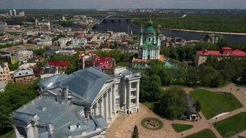 Aerial view of Mykhailiv Square with St Andrew Orthodox Church, capital city Kyiv, Ukraine video