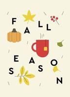 Fall season poster with text and seasonal elements.  Autumn postcard with socks. leaves and decorative background. vector