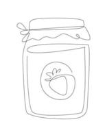 One line jar with a strawberry jam. line art Glass with a homemade marmalade. outline illustration. vector
