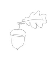 One line acorn with a lief, outline oak lief and seed. acorns line art. vector