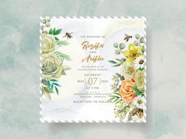 elegante invitación de boda flores amarillas y abejas vector