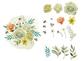 set watercolor element yellow flowers and bees vector