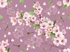 seamless pattern watercolor cherry blossom and dragonfly vector