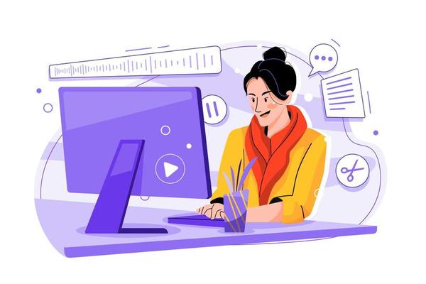 Woman editing podcast at the studio