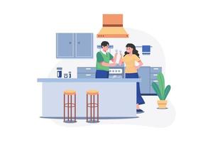 Couple holding wineglasses in hands stand at kitchen desk with fruits vector