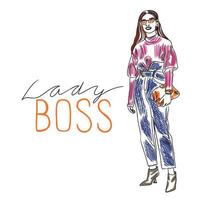 Boss lady, handwritten quotes, full length stylish girl in beautiful clothes, fashion vector