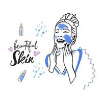 Beautiful skin, handwritten lettering, care cosmetics, girl with a cosmetic mask on her face vector