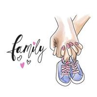 familia, letras escritas a mano, mano masculina y femenina sosteniendo zapatos pequeños para niños pequeños vector