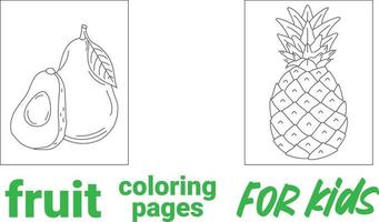 Coloring book with various fruits. Black and White for coloring. Education and school material, kids coloring page, printable, activity, worksheet, flash card. vector