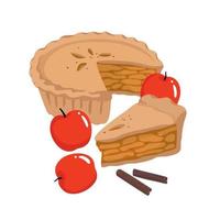 tarta de manzana charlotte con un trozo cortado, palitos de canela y manzanas rojas. vector