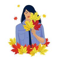 A girl in a denim jacket with red and yellow maple leaves. vector