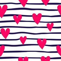 Simple seamless pattern with hearts. Love, Valentine's Day, holiday decor and fabrics. Vector illustration of red hearts on striped background