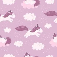 Seamless pattern with cute fairy unicorns, clouds, stars. Decor for a nursery, packaging, wallpaper, print for clothes. Vector illustration in flat style, child character
