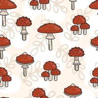 Seamless pattern of cute doodle mushrooms. Poisonous mushroom, fly agaric. Vector hand illustration