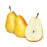 Three ripe yellow pears isolated on white background photo