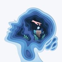 Paper cut layered human head with throwing garbage in trash bin, Business or mind psychology concept vector