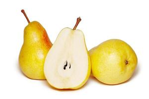 Three ripe yellow pears isolated on white background photo