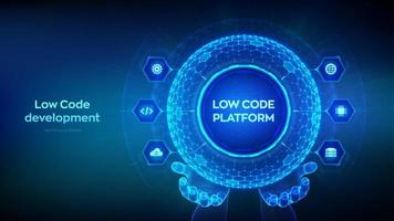 Low code platform. Low code development technology concept. LCDP easy coding. Hexagonal grid sphere in wireframe hands on blue background. Vector illustration.
