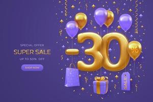 30 percent Off discount promotion Sale banner design on purple background. Realistic gold 3D 30 number with shopping bag, price tag, gift box with golden bow, fly helium balloons. Vector illustration.
