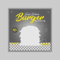 deliciosa hamburguesa y menú de comida banner de publicación en redes sociales o plantilla de banner de comida cuadrada editable vector