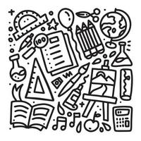 Cute set of school stationery and office supplies. Doodle icon collaction. Hand drawn decorative elements. Black and white outline vector illustration Isolated on a white background