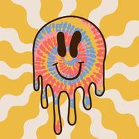 Funny happy tie dye surreal smile face on psychedelic background. Emoji groovy face tiedye ,acid, techno, 70s trippy print for t-shirt,poster,card. Vector cartoon character illustration