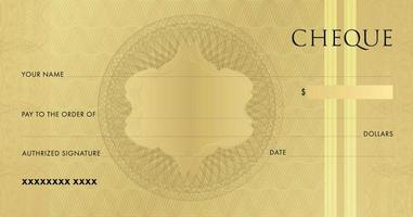 Golden Check template for Chequebook. Blank gold business bank cheque with guilloche pattern rosette and abstract watermark. Background for voucher, gift certificate, ticket, coupon. Vector design.