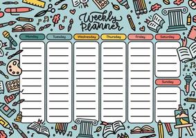 School timetable, weekly classes schedule on background. decorated with education and art supplies, Planner with student study items, basketball ball, books and pens. Vector color illustration.