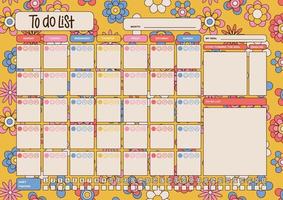Monthly Habit tracker blank with Hand drawn 70s groogy floral texture. A4 Bullet journal template. Printable organizer, diary, planner for goals and emotion calendar. Vector illustration.