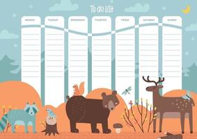 Weekly planner with cute animals in the autumn forest. To do list template. 7 days of the week. Vector hand drawn illustration. A4 size printable template