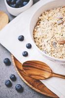 Close up of organic fresh blueberry and cereal with milk for healthy breakfast, ready to eat concept photo