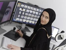 Muslim female graphic designer working on computer using graphic tablet and two monitors photo