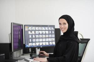 Muslim female graphic designer working on computer using graphic tablet and two monitors photo