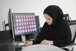 Muslim female graphic designer working on computer photo