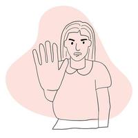 A frightened woman puts her hand forward. A gesture of stopping. Human emotion. line art vector