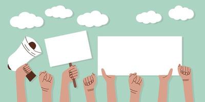 crowd of people of different nationalities and at a protest. Hands holding empty templates of banners and a mouthpiece. Street demonstration and standing up for their rights vector