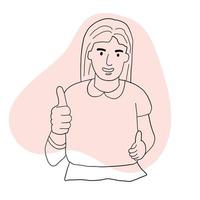 Satisfied girl raises her thumb up. A gesture of approbation. Positive emotion of a person. all OK. vector line drawing