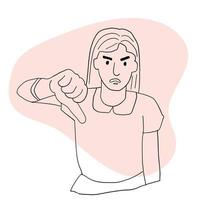 The angry girl puts her thumb down. A gesture of disapproval. Negative emotion of a man. dislike. line art vector