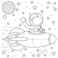 astronauta montando un cohete en el espacio adecuado para la ilustración vectorial de la página de color de los niños vector